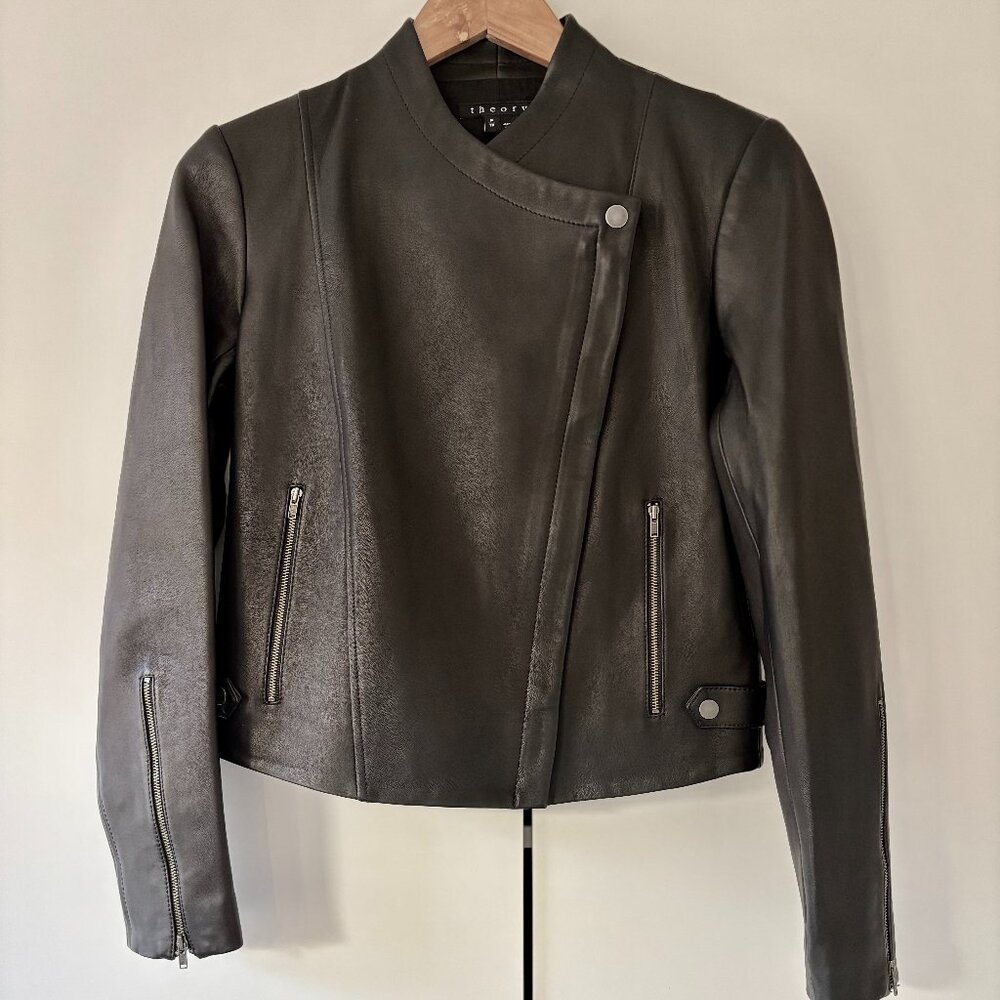 Theory - black lamb leather moto leather jacket with zipper - womens